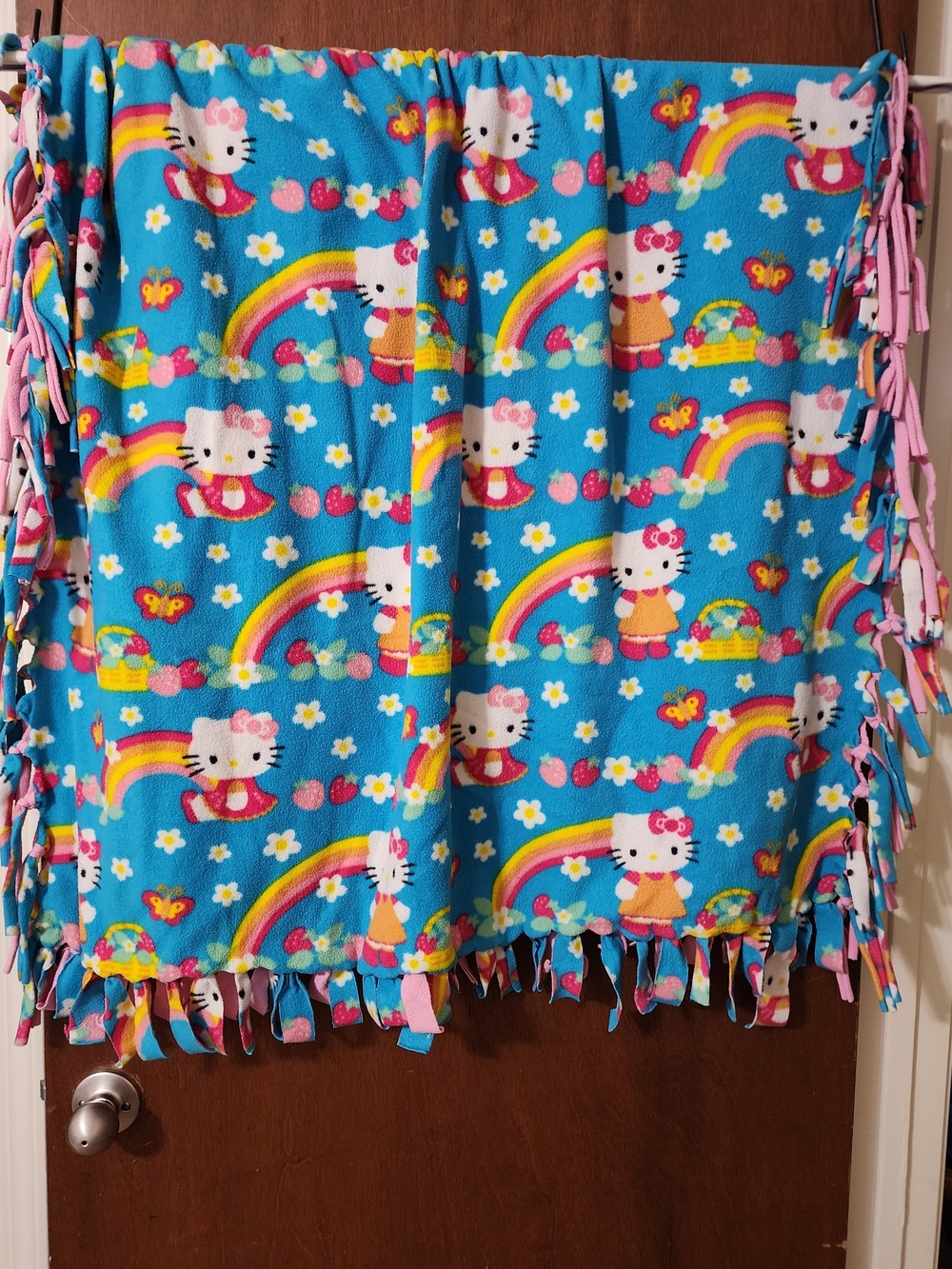 Hello Kitty Blue Rainbow Fleece Blanket with Pink Accents